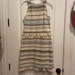 TORY BURCH dress ladies 8 Jane sleeveless fringe blue stripe $325 original